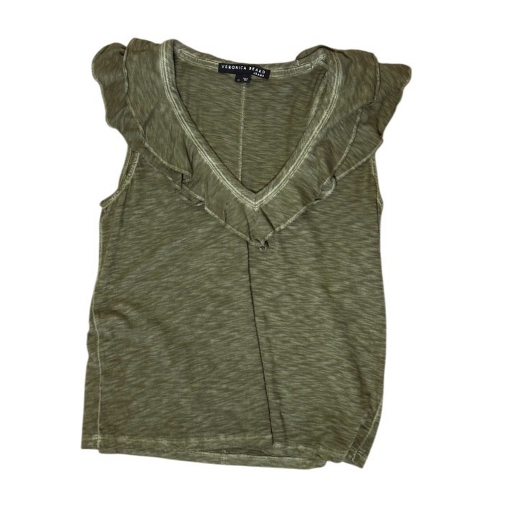 Veronica Beard Ellerie Ruffled Sleeveless Olive V-Neck Soft Pima Cotton Top Sz M - Picture 8 of 11